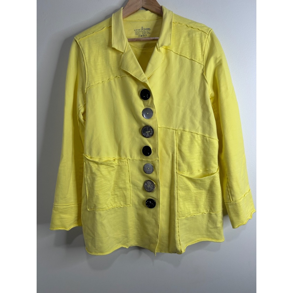 Neon Buddha Yellow‎ Cotton Jacket Womens XL Lagenlook Art to Wear Soft Knit Boho